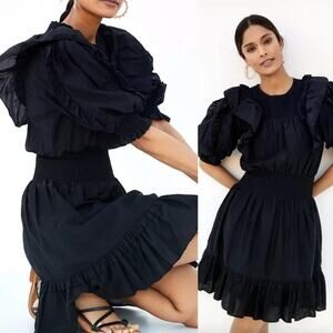 Magali Pascal Anthropologie Puff Sleeve Mini Dress Black Silk Blend Size S